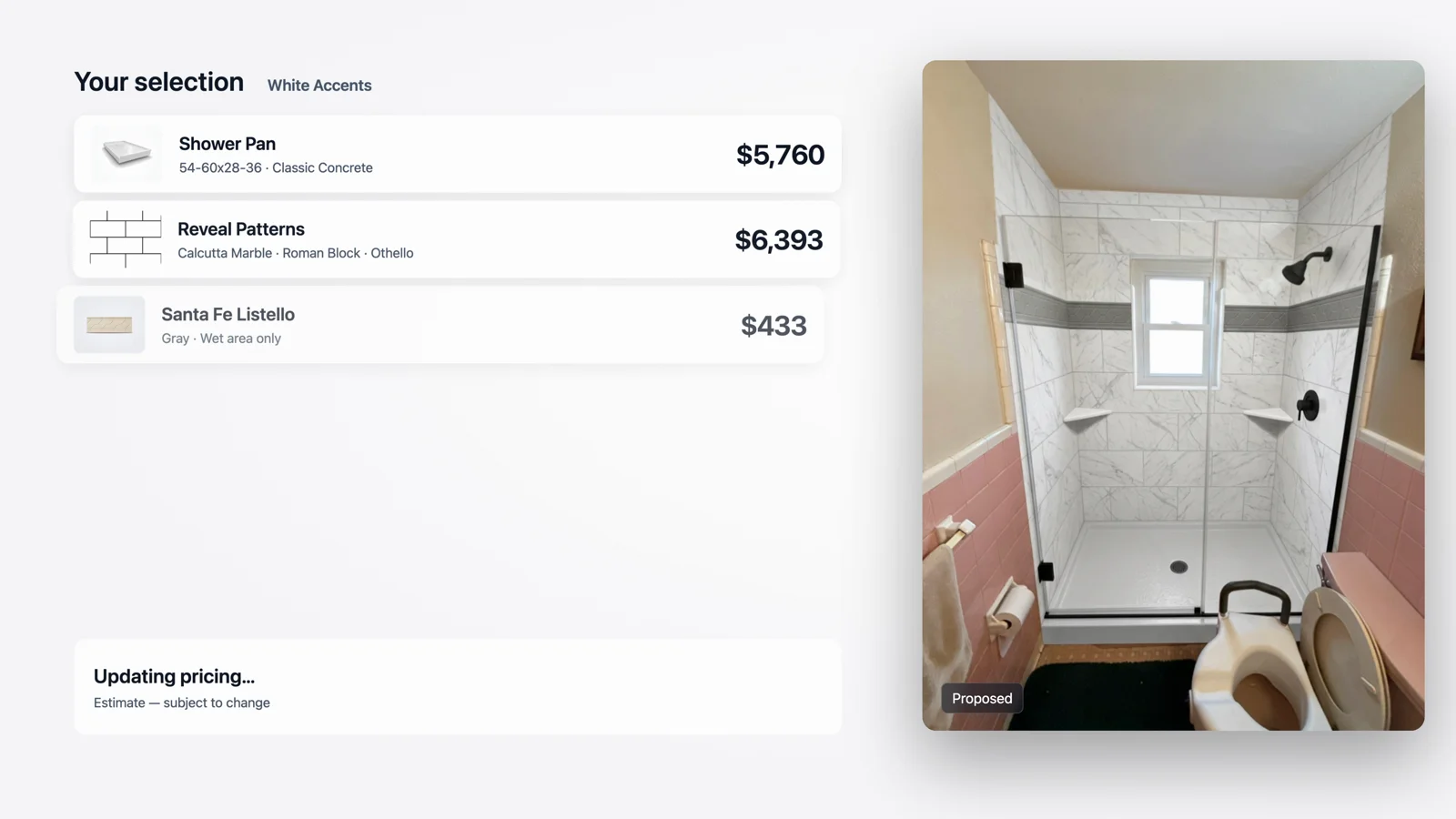 Pivorta pairs a homeowner’s redesigned bathroom with their selected products and pricing.